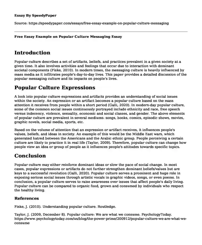 Free Essay Example on Popular Culture Messaging