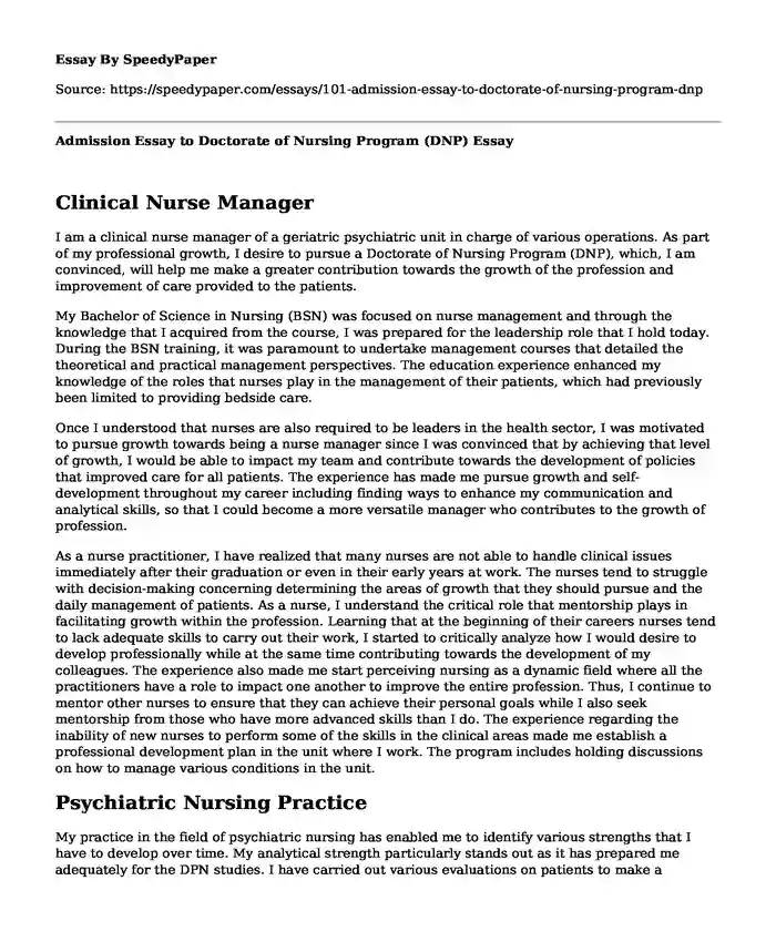 Admission Essay to Doctorate of Nursing Program (DNP)