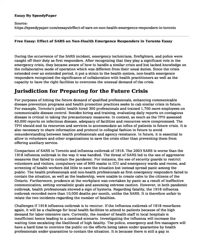 Free Essay: Effect of SARS on Non-Health Emergence Responders in Toronto