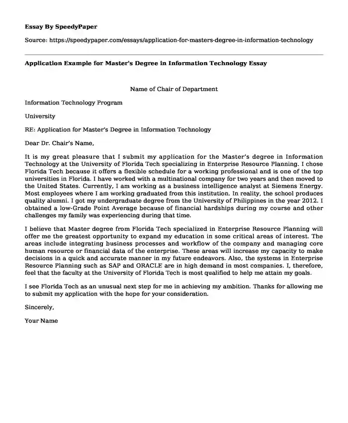Application Example for Master's Degree in Information Technology