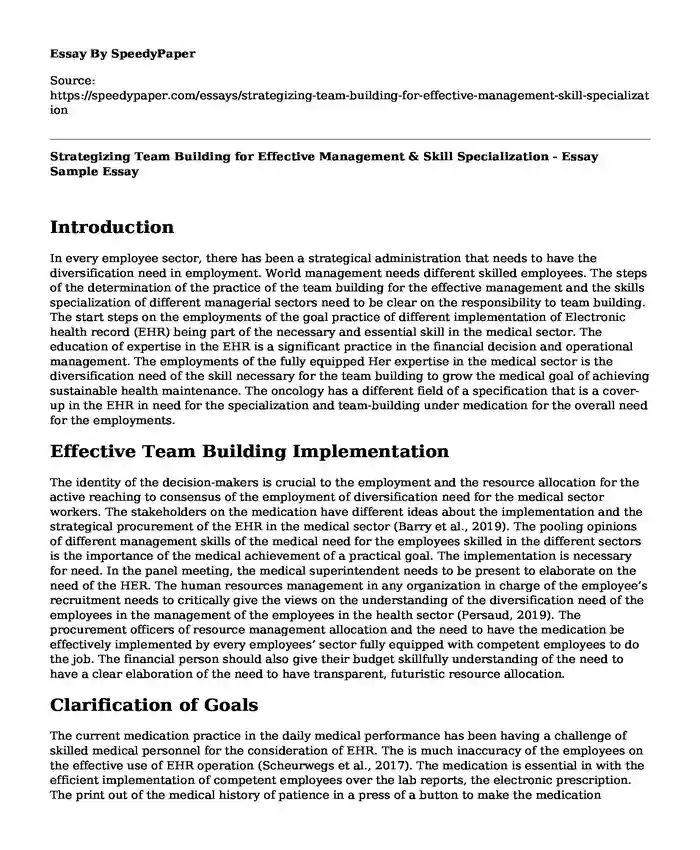 Strategizing Team Building for Effective Management & Skill Specialization - Essay Sample