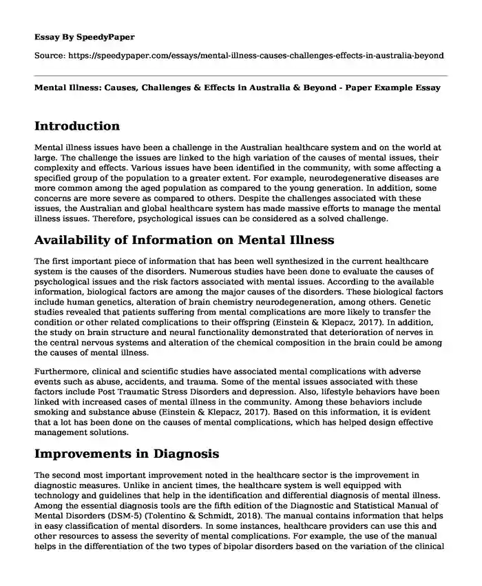 Mental Illness: Causes, Challenges & Effects in Australia & Beyond - Paper Example