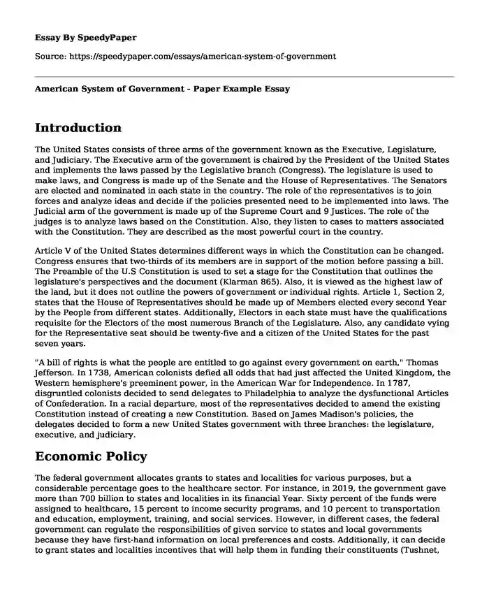 American System of Government - Paper Example
