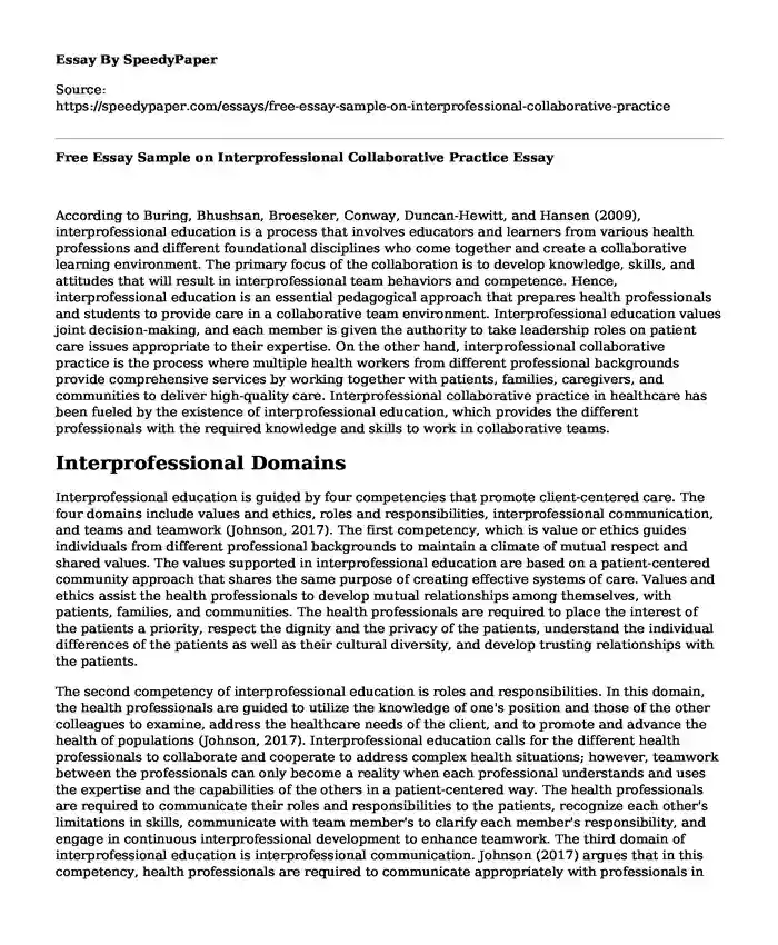 Free Essay Sample on Interprofessional Collaborative Practice