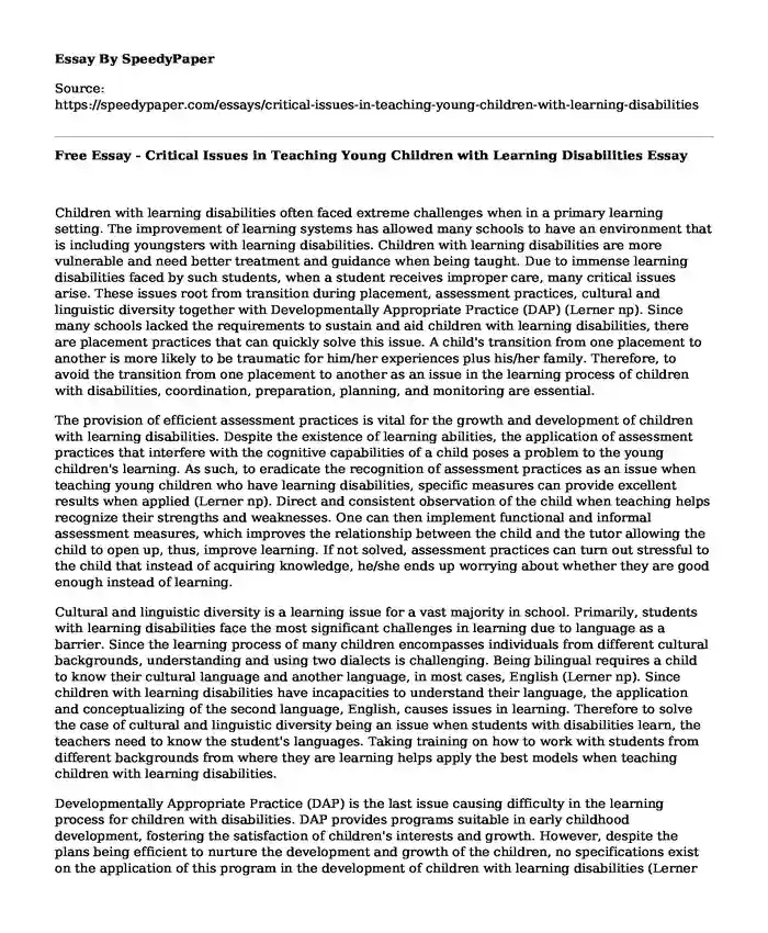 Free Essay - Critical Issues in Teaching Young Children with Learning Disabilities