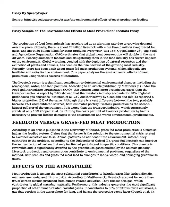Essay Sample on The Environmental Effects of Meat Production/ Feedlots