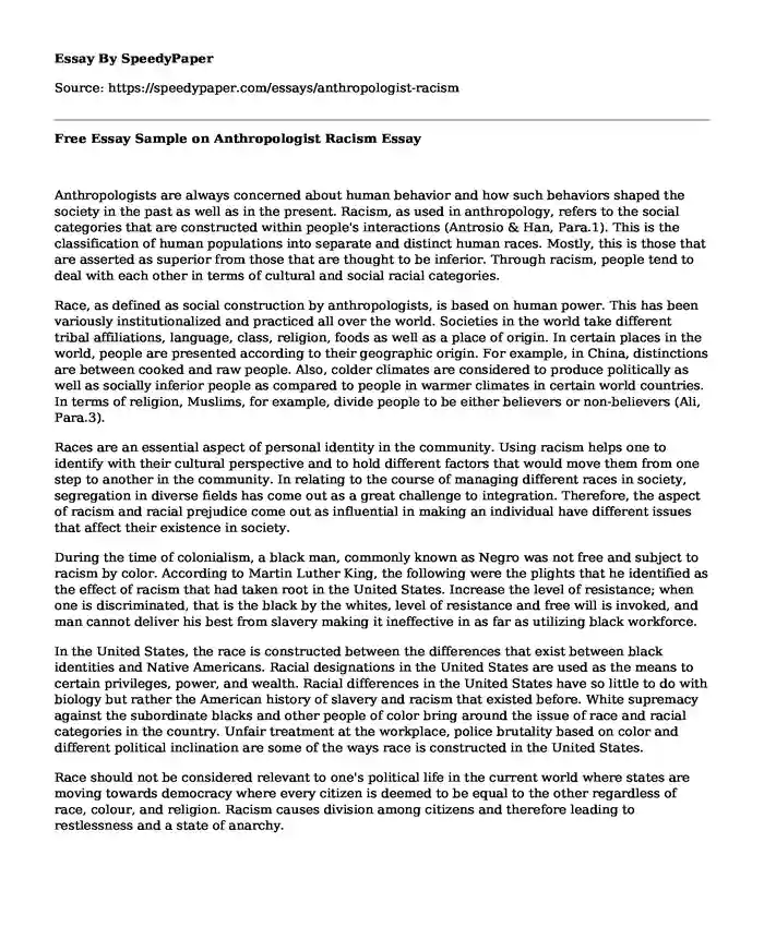 Free Essay Sample on Anthropologist Racism