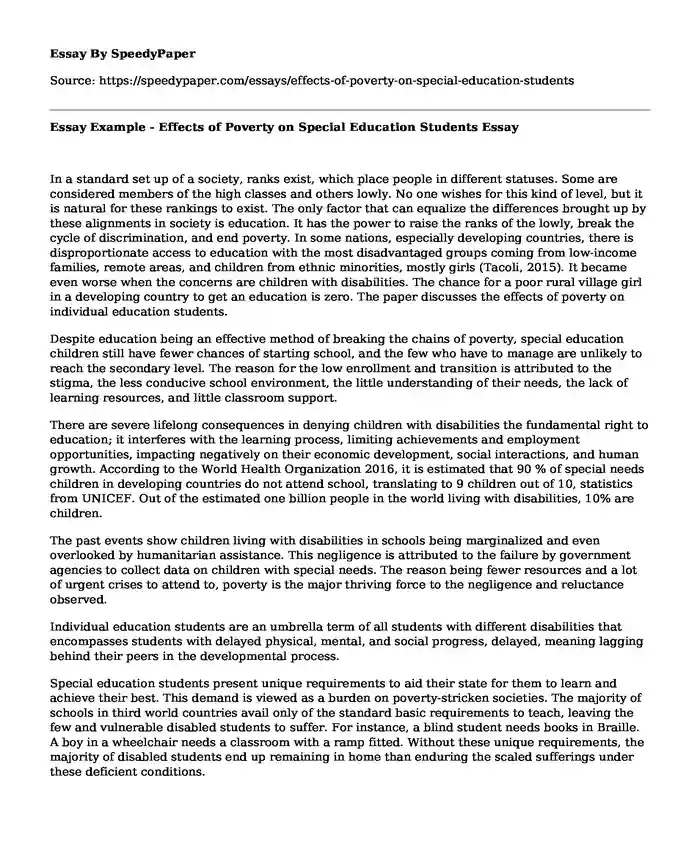 Essay Example - Effects of Poverty on Special Education Students