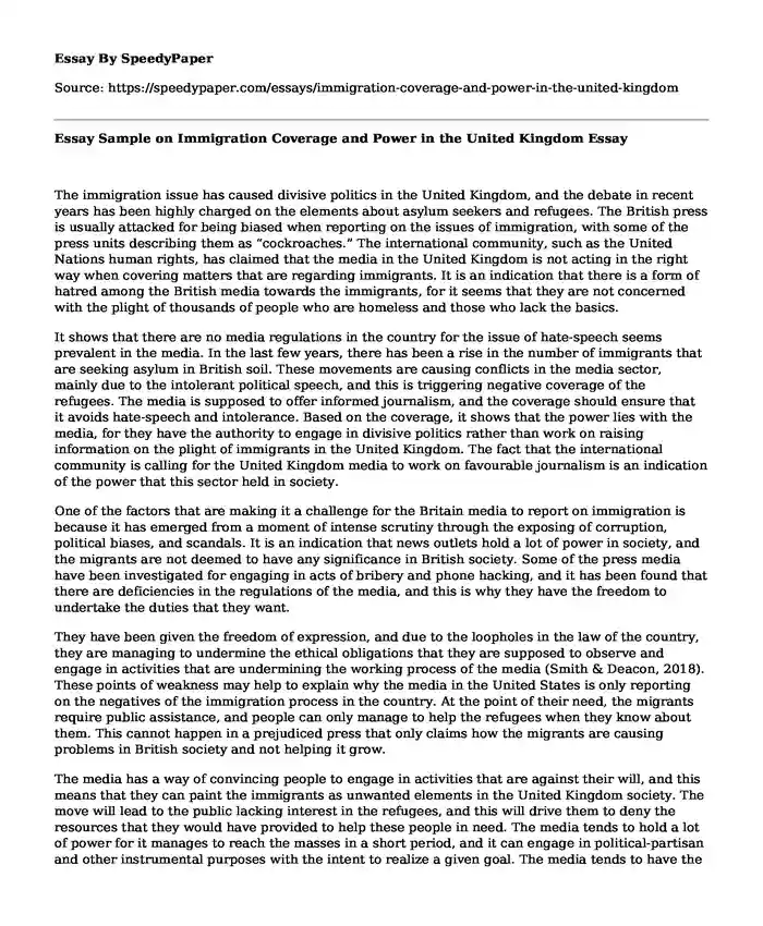 Essay Sample on Immigration Coverage and Power in the United Kingdom