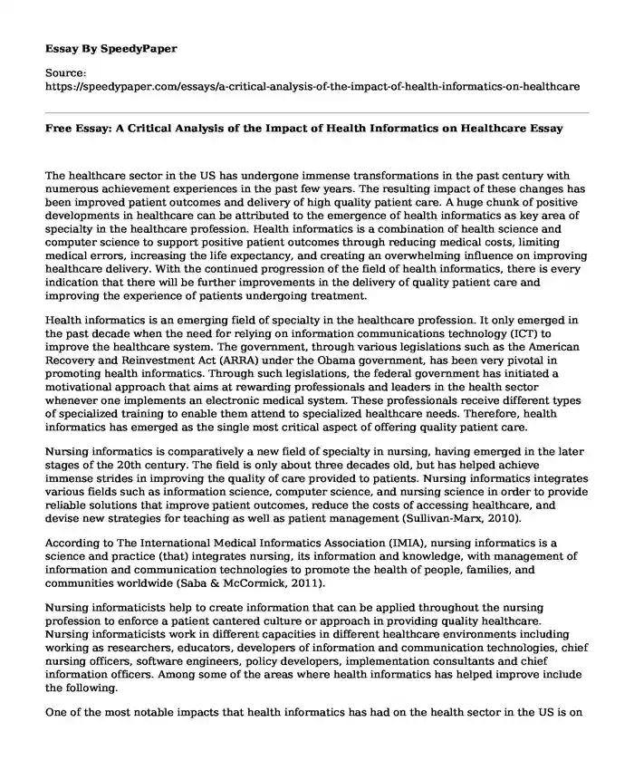 Free Essay: A Critical Analysis of the Impact of Health Informatics on Healthcare