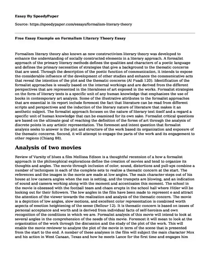Free Essay Example on Formalism Literary Theory