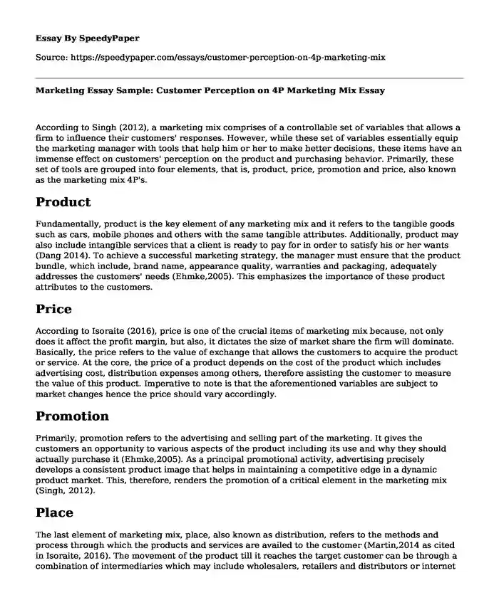 Marketing Essay Sample: Customer Perception on 4P Marketing Mix