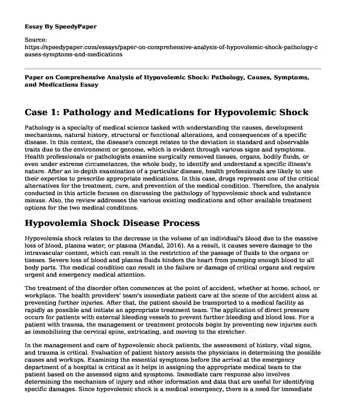 Paper on Comprehensive Analysis of Hypovolemic Shock: Pathology, Causes, Symptoms, and Medications