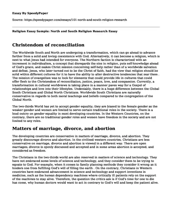 Religion Essay Sample: North and South Religion Research