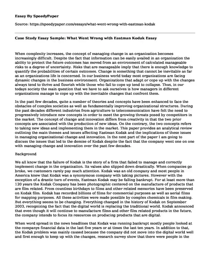 Case Study Essay Sample: What Went Wrong with Eastman Kodak