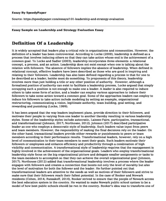 Essay Sample on Leadership and Strategy Evaluation