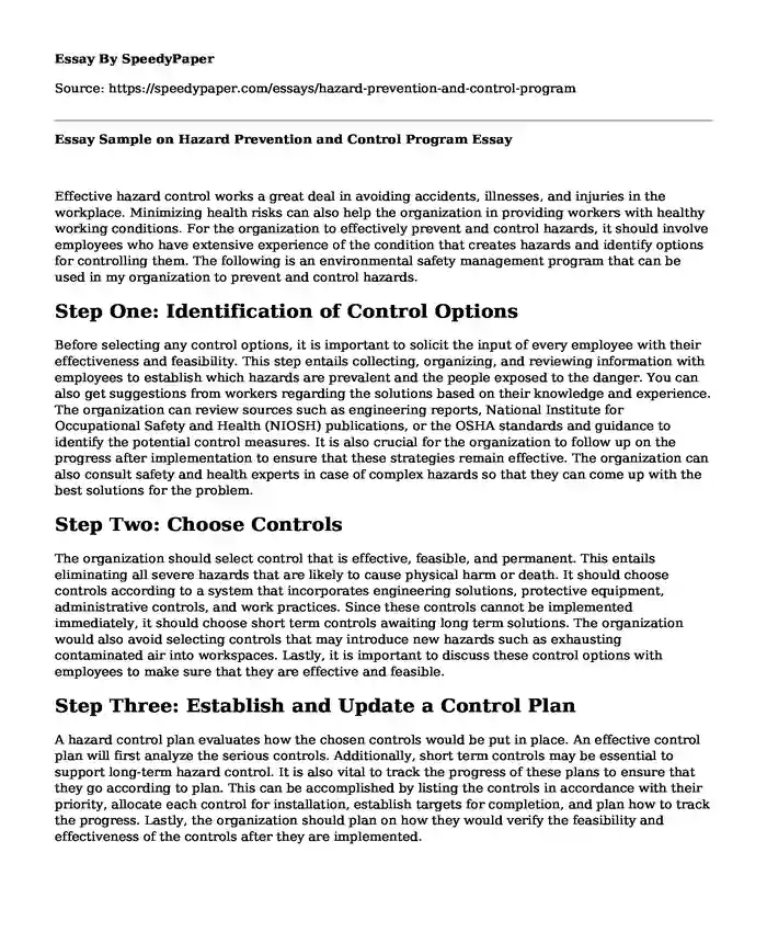 Essay Sample on Hazard Prevention and Control Program