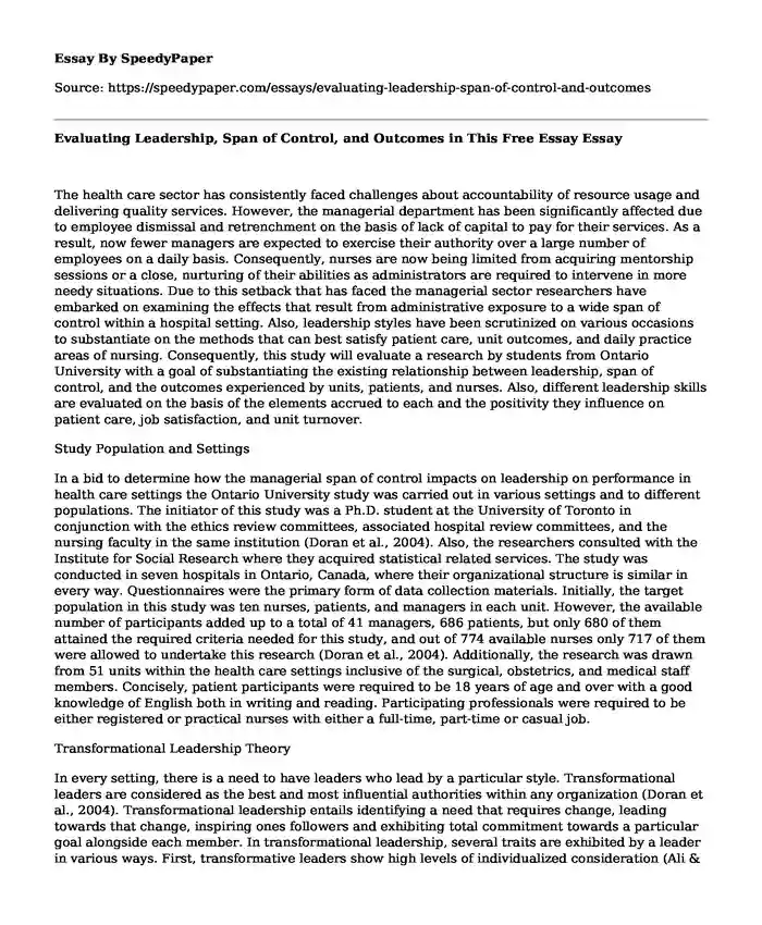 Evaluating Leadership, Span of Control, and Outcomes in This Free Essay