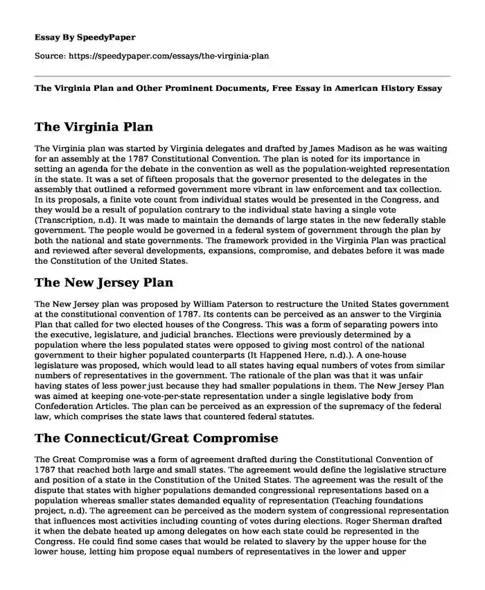 The Virginia Plan and Other Prominent Documents, Free Essay in American History