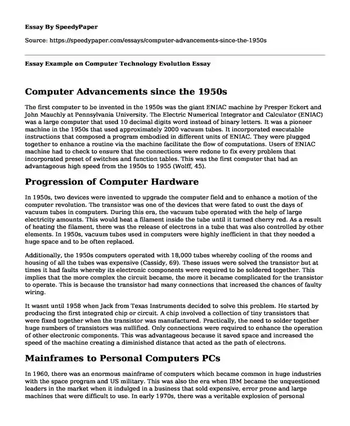 Essay Example on Computer Technology Evolution