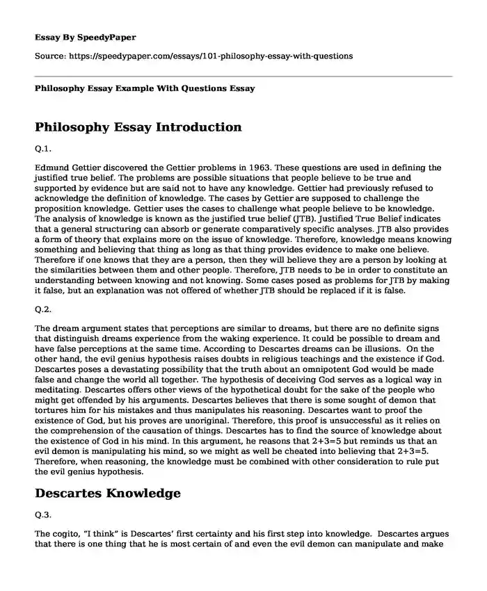 Philosophy Essay Example With Questions