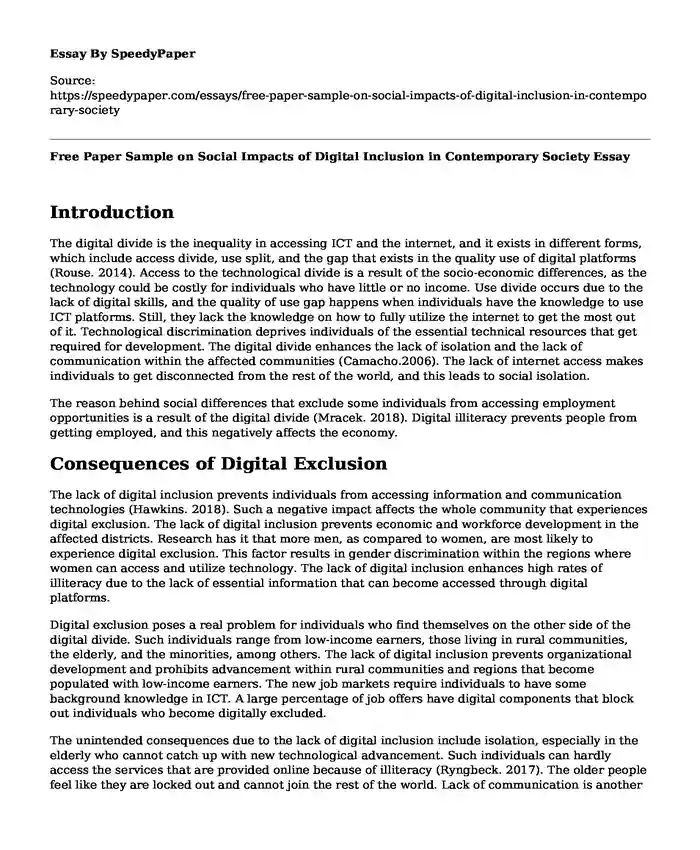 Free Paper Sample on Social Impacts of Digital Inclusion in Contemporary Society