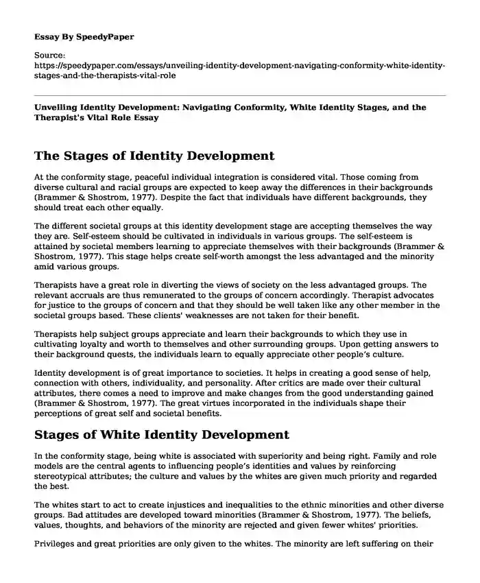 Unveiling Identity Development: Navigating Conformity, White Identity Stages, and the Therapist's Vital Role