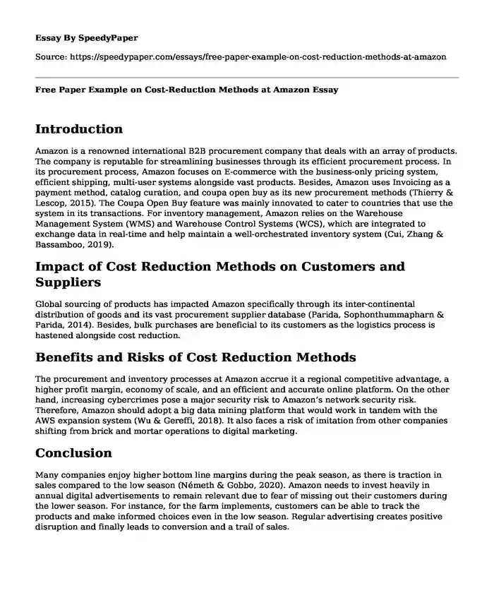 Free Paper Example on Cost-Reduction Methods at Amazon
