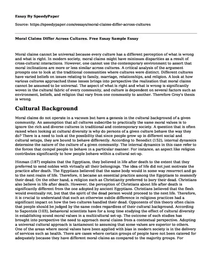 Moral Claims Differ Across Cultures. Free Essay Sample