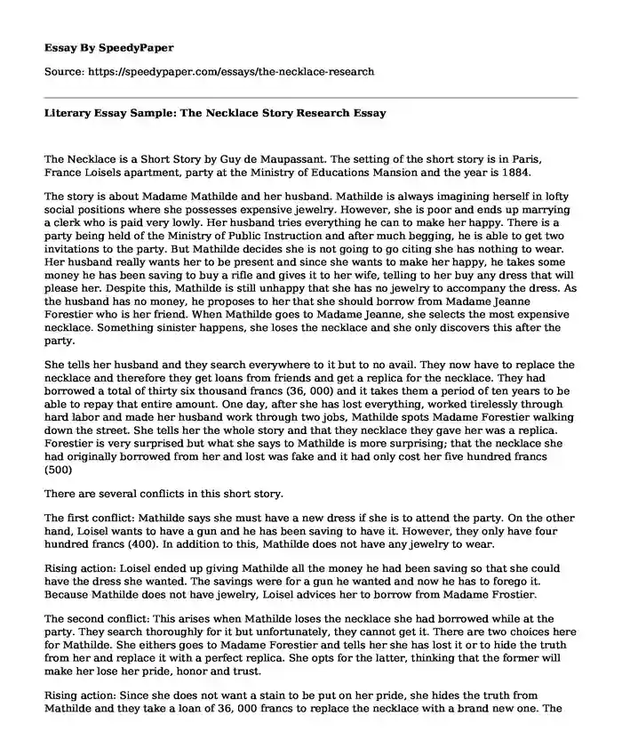 Literary Essay Sample: The Necklace Story Research