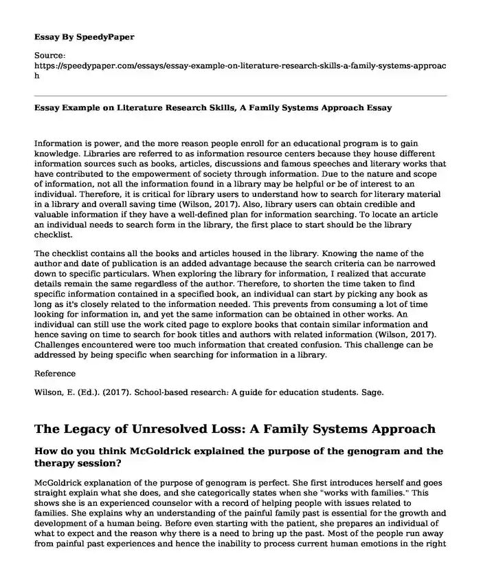 Essay Example on Literature Research Skills, A Family Systems Approach