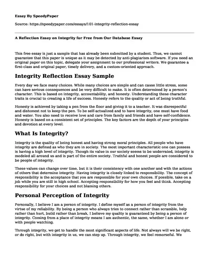 A Reflection Essay on Integrity for Free from Our Database