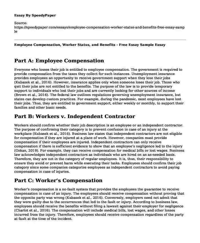 Employee Compensation, Worker Status, and Benefits - Free Essay Sample