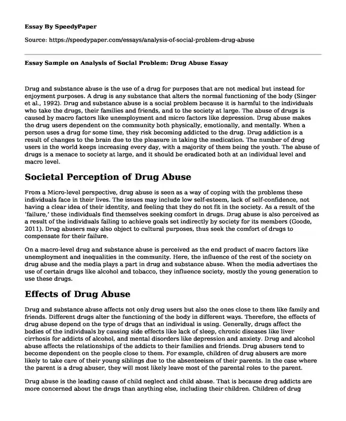 Essay Sample on Analysis of Social Problem: Drug Abuse
