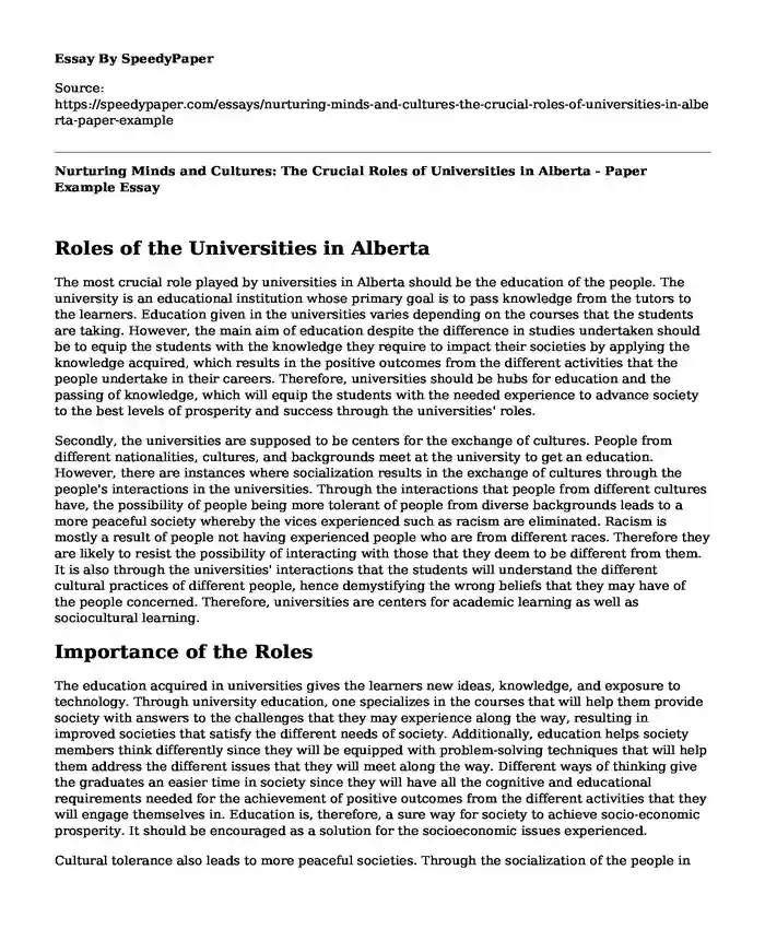Nurturing Minds and Cultures: The Crucial Roles of Universities in Alberta - Paper Example