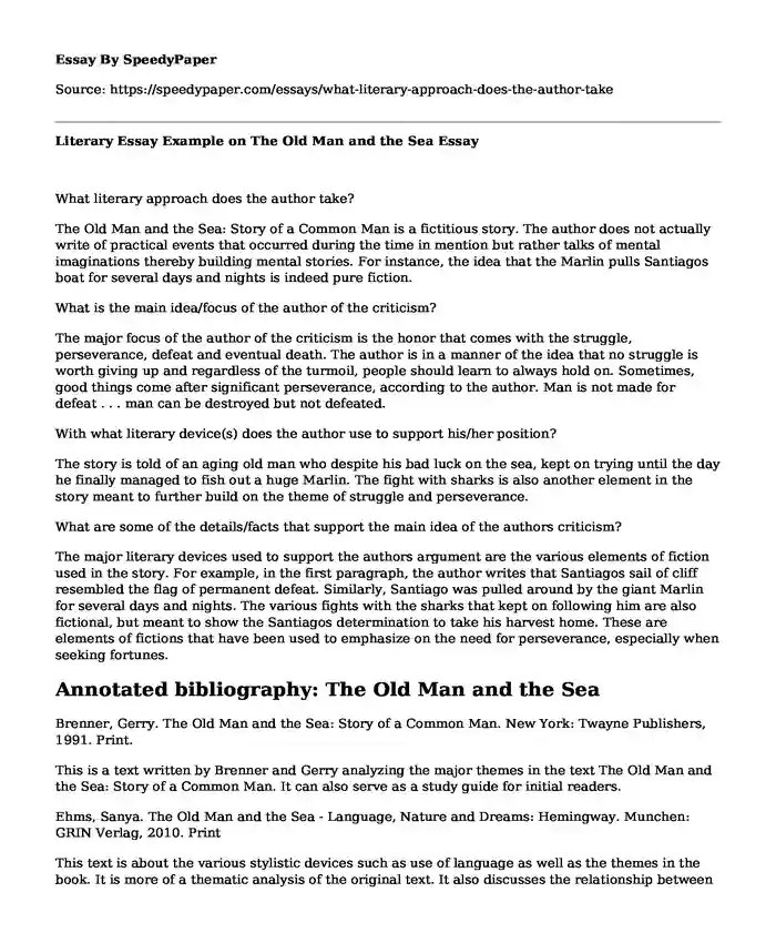 Literary Essay Example on The Old Man and the Sea