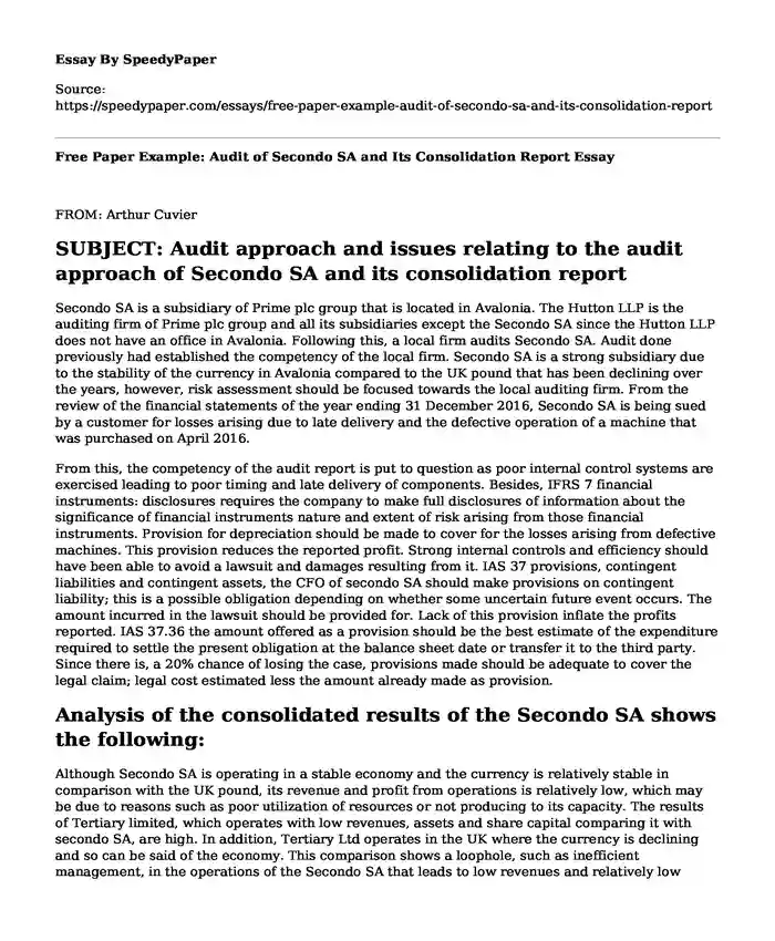 Free Paper Example: Audit of Secondo SA and Its Consolidation Report