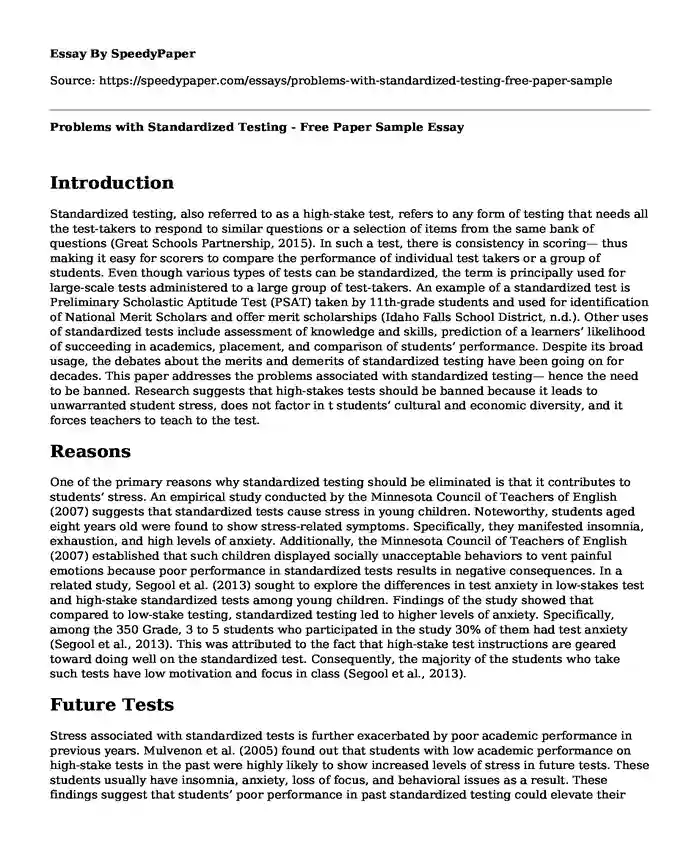 Problems with Standardized Testing - Free Paper Sample
