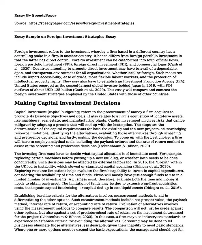 Essay Sample on Foreign Investment Strategies