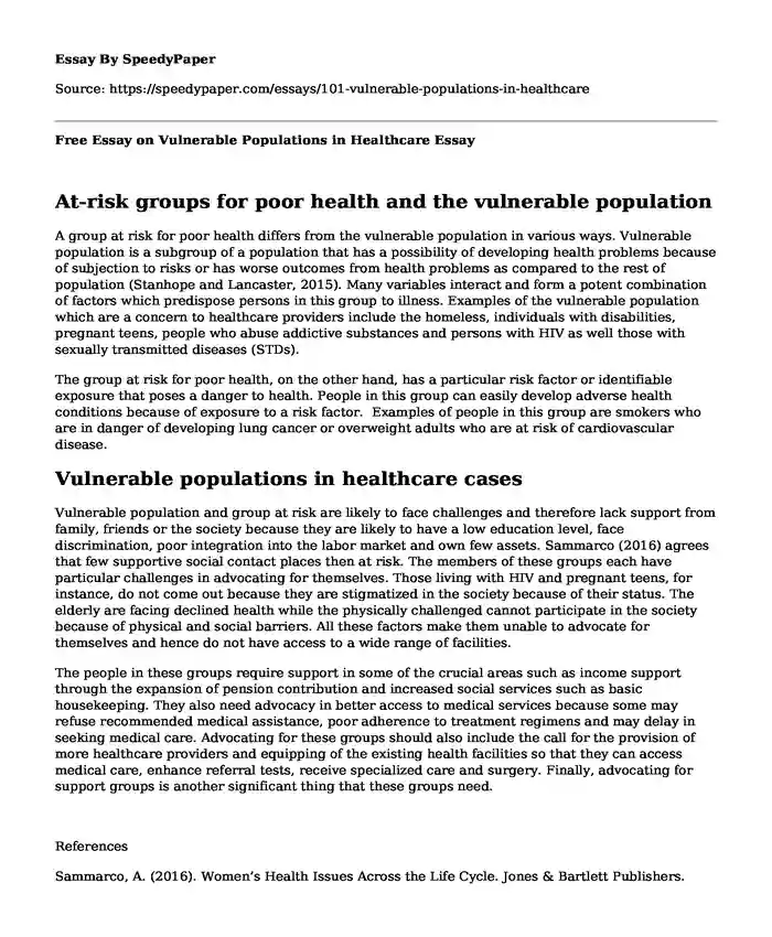 Free Essay on Vulnerable Populations in Healthcare