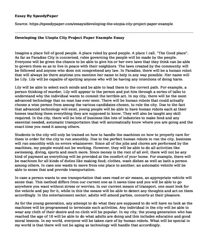 Developing the Utopia City Project Paper Example