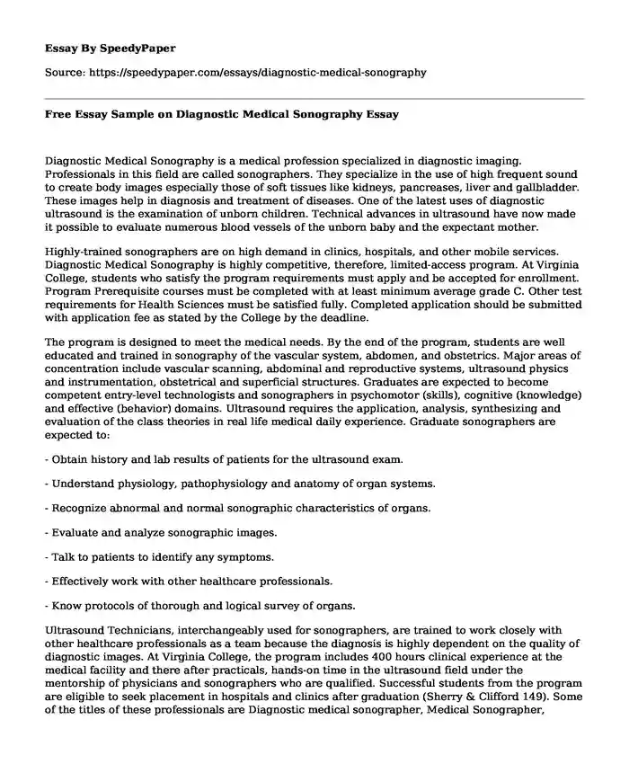 Free Essay Sample on Diagnostic Medical Sonography