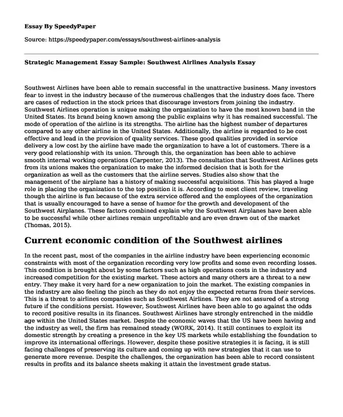 Strategic Management Essay Sample: Southwest Airlines Analysis