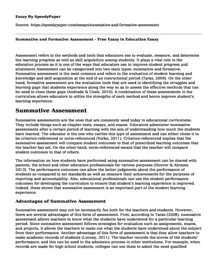 Summative and Formative Assessment - Free Essay in Education