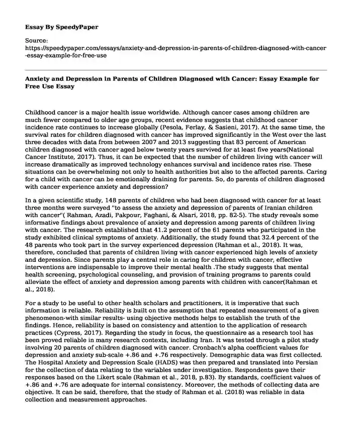 Anxiety and Depression in Parents of Children Diagnosed with Cancer: Essay Example for Free Use