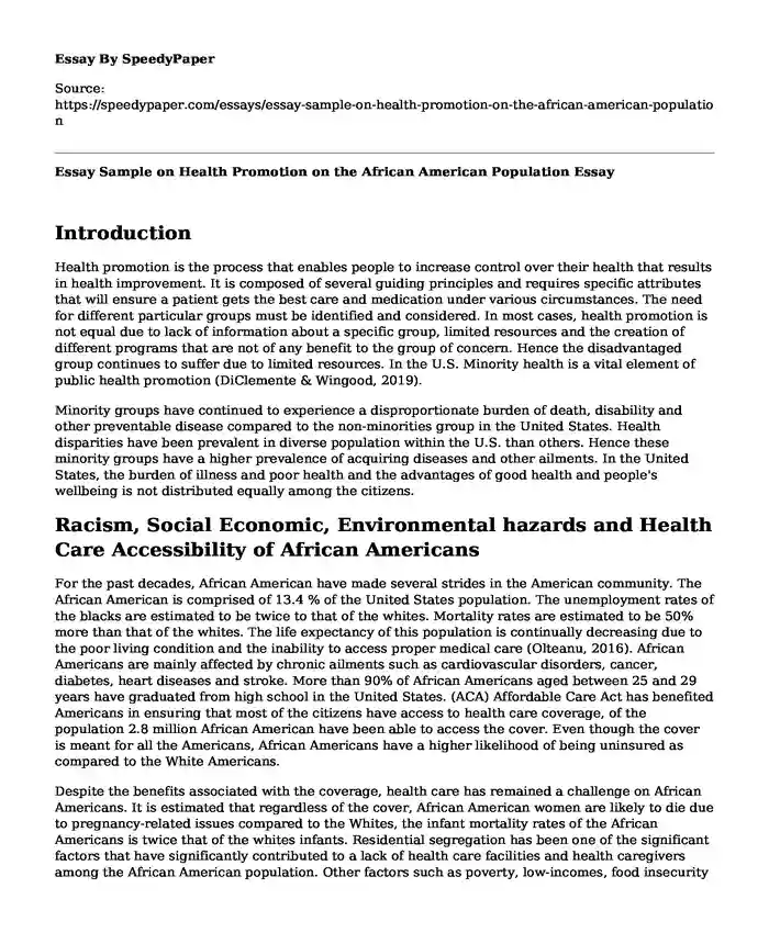 Essay Sample on Health Promotion on the African American Population