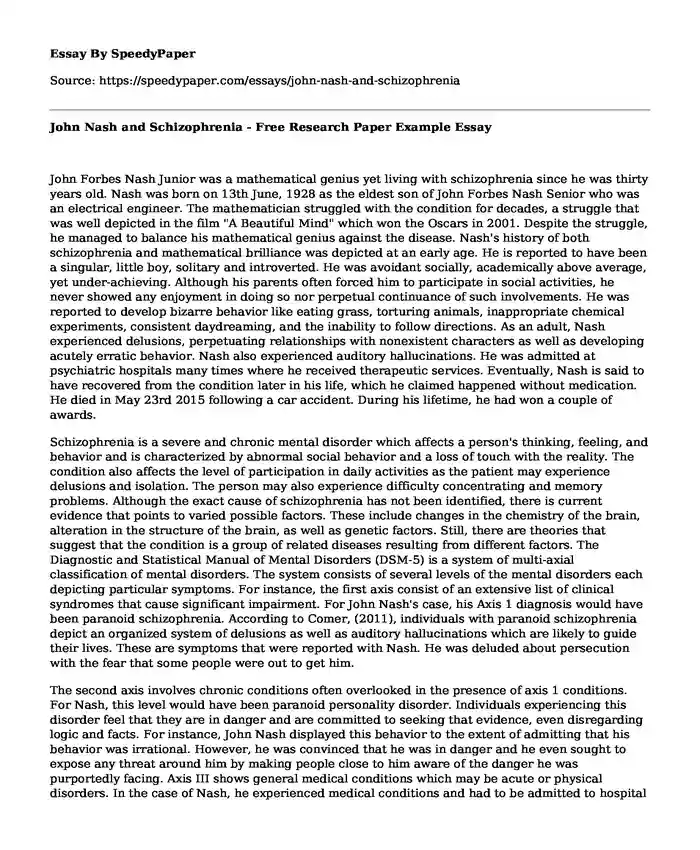 John Nash and Schizophrenia - Free Research Paper Example