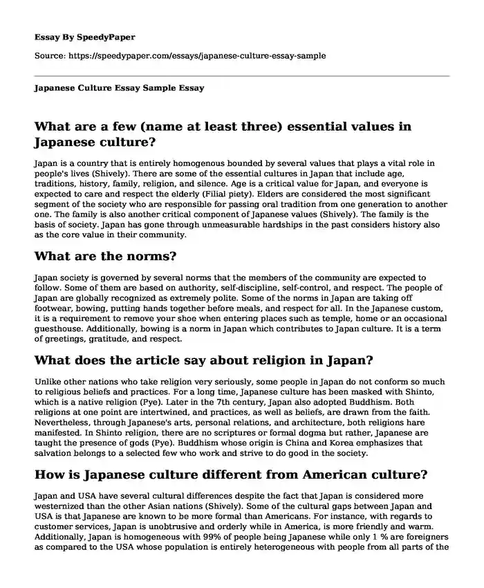 Japanese Culture Essay Sample