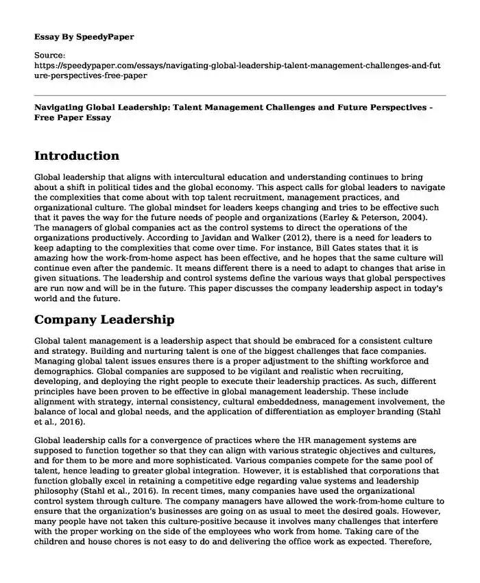 Navigating Global Leadership: Talent Management Challenges and Future Perspectives - Free Paper