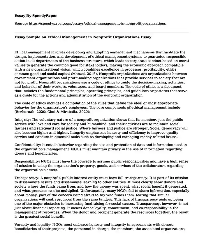 Essay Sample on Ethical Management in Nonprofit Organizations